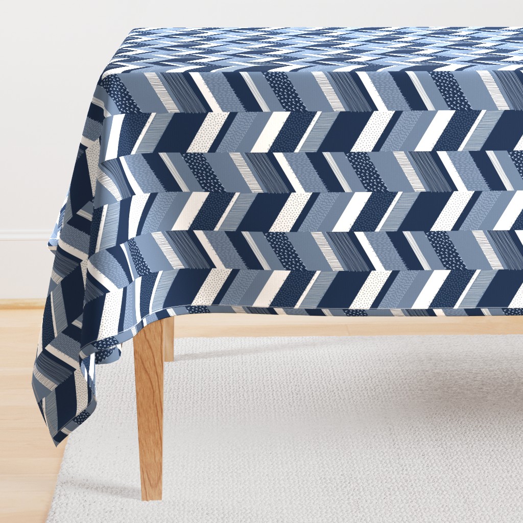 Small Chevron with Textures / Denim Blue and White