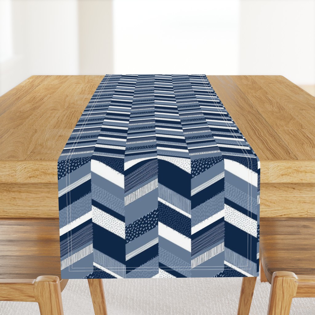 Small Chevron with Textures / Denim Blue and White