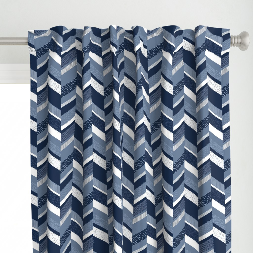 Small Chevron with Textures / Denim Blue and White