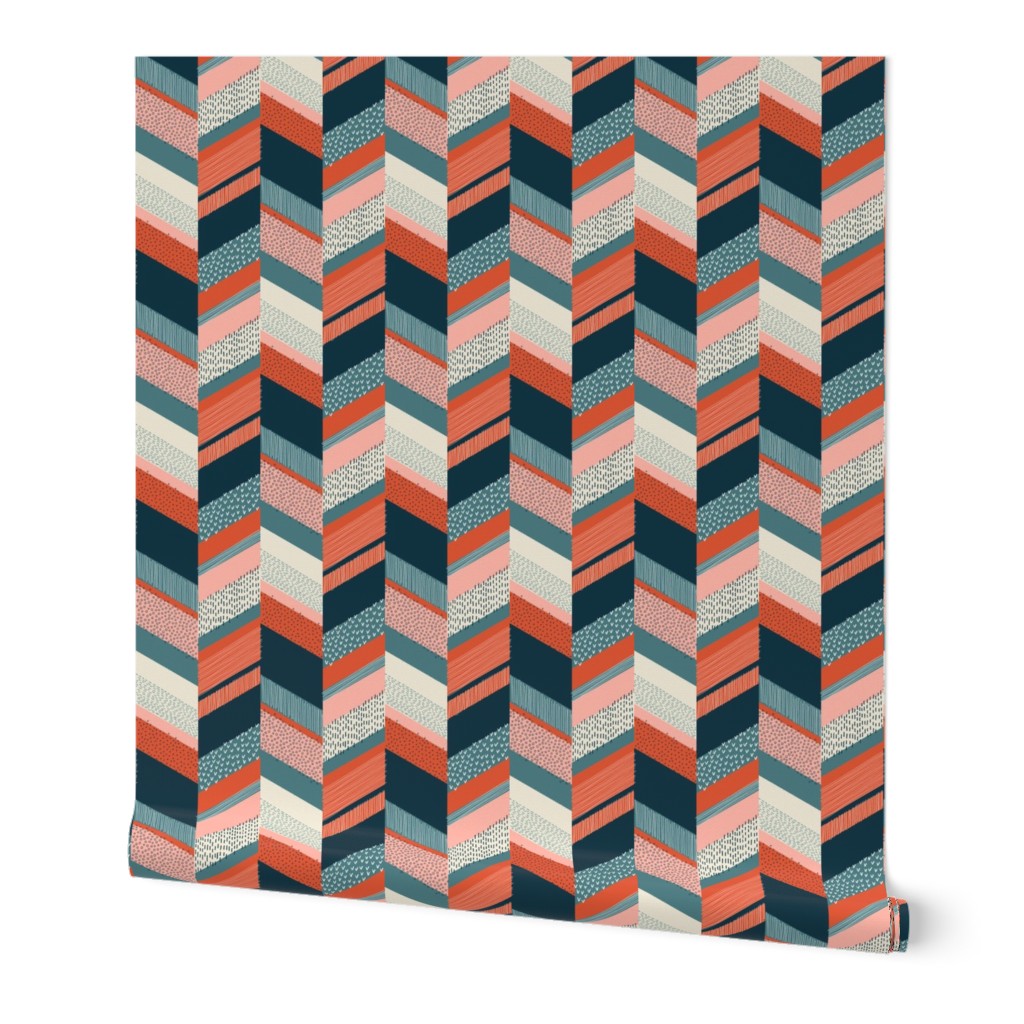 Small Chevron with Textures / Orange and Persian Green