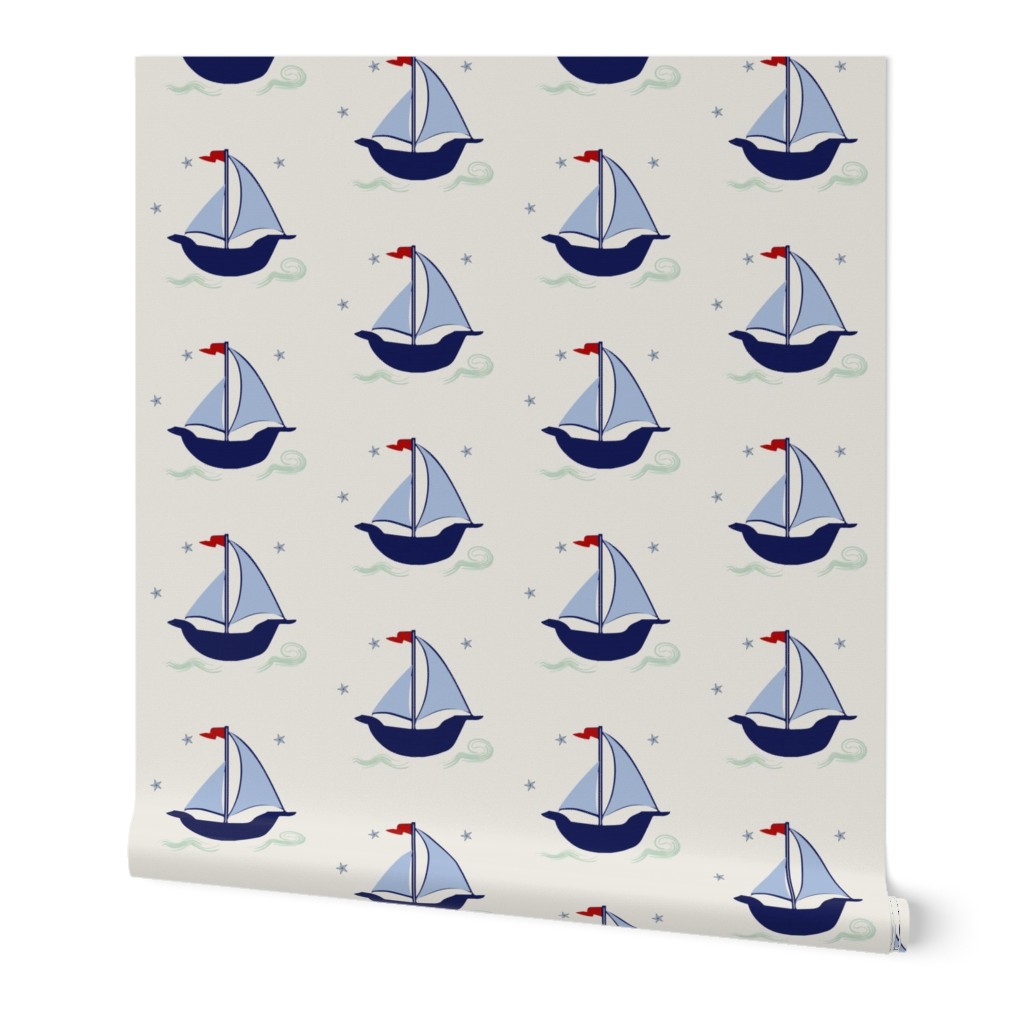 Sailboat blue navy green stars waves hobie cat beetle cat sailboat offwhite