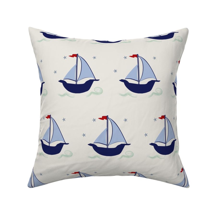 Sailboat blue navy green stars waves hobie cat beetle cat sailboat offwhite