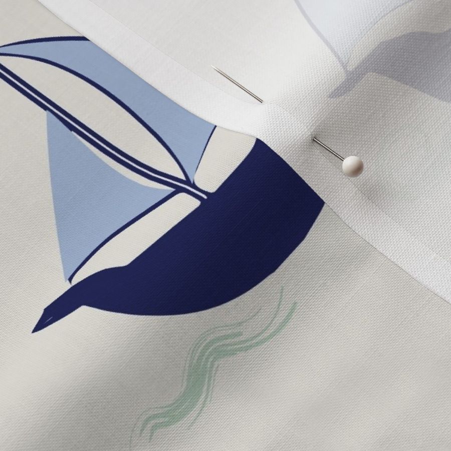 Sailboat blue navy green stars waves hobie cat beetle cat sailboat offwhite