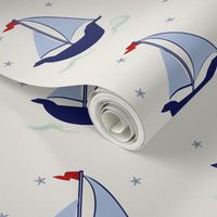 Sailboat blue navy green stars waves hobie cat beetle cat sailboat offwhite