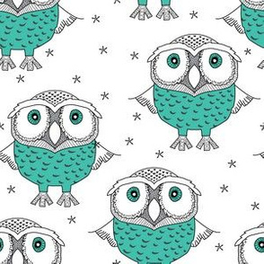 wise teal owls on white