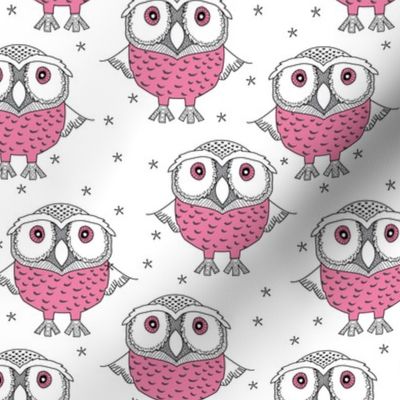 wise pink owls on white