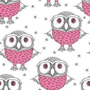 wise pink owls on white