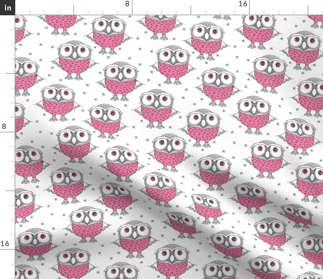 wise pink owls on white