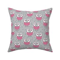 wise pink owls on grey