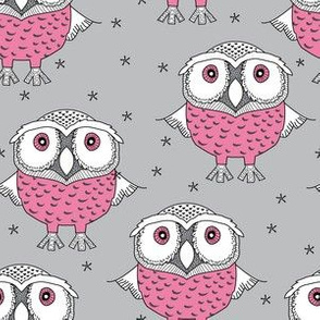 wise pink owls on grey