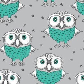 wise teal owls on grey