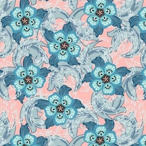 Whirlwinds of flowers, light blue and blue. Pink cream background
