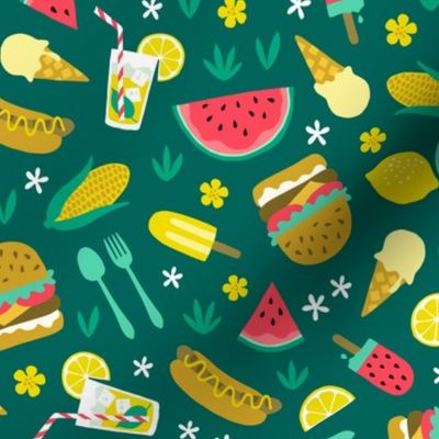 Summer picnic cookout with hamburger watermelon hotdog ice cream dark