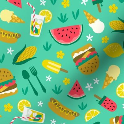 Summer picnic cookout with hamburger watermelon hotdog ice cream mint