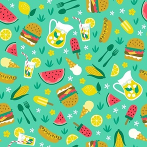 Summer picnic cookout with hamburger watermelon hotdog ice cream mint
