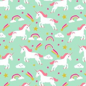 unicorn bright colors fabric rainbow clouds stars cute girls unicorn fabric mint - smaller