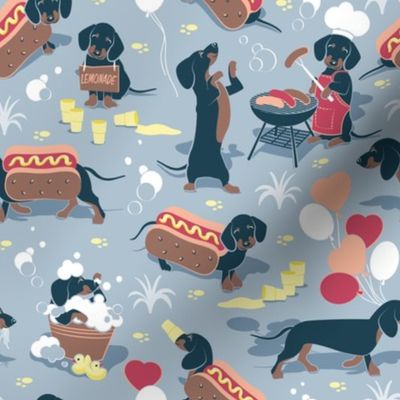 Small scale // Hot dogs and lemonade // pastel blue background cute Dachshunds