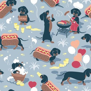 Small scale // Hot dogs and lemonade // pastel blue background cute Dachshunds