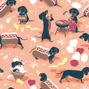 Small scale // Hot dogs and lemonade // coral flesh background cute Dachshunds