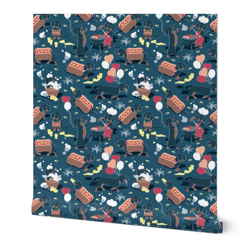 Small scale // Hot dogs and lemonade // dark blue background cute Dachshunds 