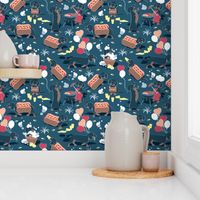Small scale // Hot dogs and lemonade // dark blue background cute Dachshunds 