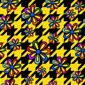 Modern Retro Floral Houndstooth Check, 1970s Fashion Fabric, Vintage Flower Power Hippy Chic, Colorful Trendy Modern Black Yellow Fashion Graphic, 70s Retro Dogstooth Fashion Check, Fashion Forward Floral Chic, Vivid Primary Flower Palette Graphic Vibes  