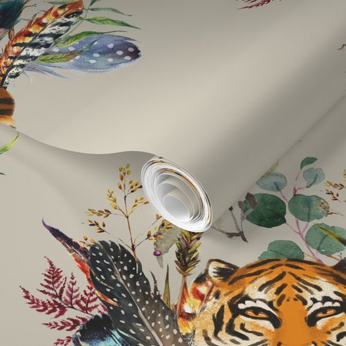 Removable Water-Activated Wallpaper Tiger Flowers Floral Boho Feathers Girls 