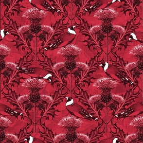 Floral Red Birds Thistle Pattern Fiches Arts and Crafts | Scottish Thistle Vibrant Red Wildflowers Vintage Birds | Crimson Red Victorian Flora Thistles