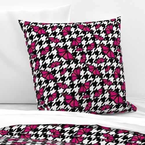 Black White Houndstooth Check, Bold Fashion Fabric, Scattered Butterfly, Hot Pink Color Clash, Bold Modern Black White Fashion Graphic, Playful Pattern, Big Statement, Scattered Pink Butterflies, Black White Check, Dynamic Groovy Fashion Black and White S