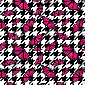 Black White Houndstooth Check, Bold Fashion Fabric, Scattered Butterfly, Hot Pink Color Clash