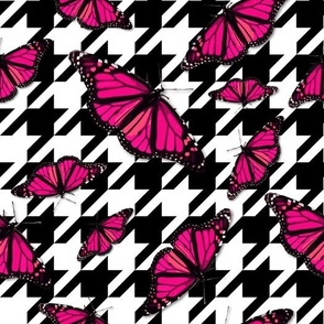 Black White Houndstooth Check, Bold Fashion Fabric, Scattered Butterfly, Hot Pink Color Clash, Bold Modern Black White Fashion Graphic, Playful Pattern, Big Statement, Scattered Pink Butterflies, Black White Check, Dynamic Groovy Fashion Black and White S
