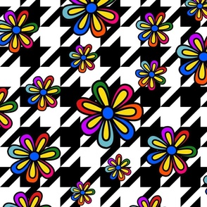 Black White Houndstooth Pop Art Fashion Fabric, Retro Mod Hippie Clothing, Groovy 1970s Flowers