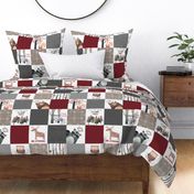 Woodland Critters Patchwork Quilt - Bear Moose Fox Raccoon Wolf, Red, Gray & Brown Design GingerLous