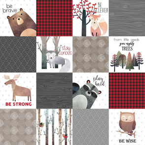 Woodland Critters Patchwork Quilt - Bear Moose Fox Raccoon Wolf, Red, Gray & Brown Design GingerLous