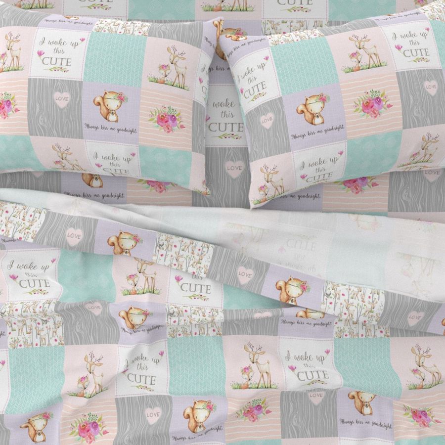 Baby Girl Woodland Patchwork Quilt Top - Nursery Bedding Blanket Pink Mint Peach Lavender GingerLous