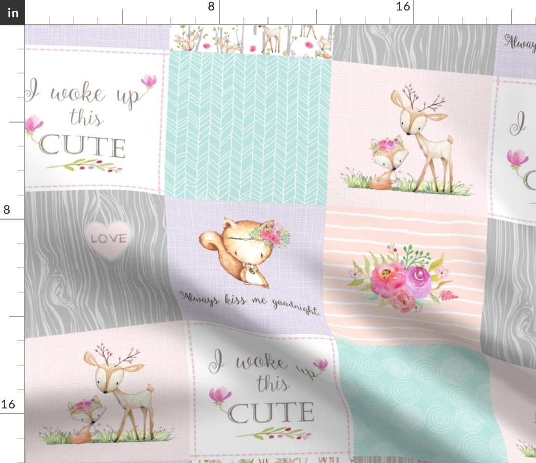 Baby Girl Woodland Patchwork Quilt Top - Nursery Bedding Blanket Pink Mint Peach Lavender GingerLous