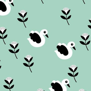 Sweet swans and cotton flowers botanical floral spring summer print spring mint