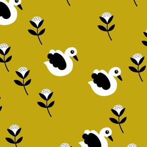 Sweet swans and cotton flowers botanical floral spring summer print spring yellow mustard
