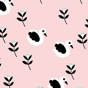 Sweet swans and cotton flowers botanical floral spring summer print spring soft pink