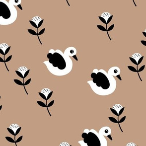 Sweet swans and cotton flowers botanical floral spring summer print spring beige
