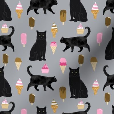 black cat ice cream cats fabric summer dessert food grey