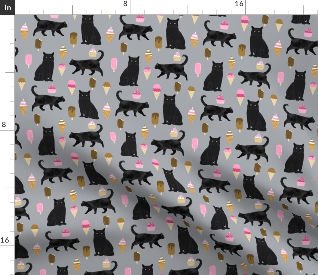 black cat ice cream cats fabric summer dessert food grey