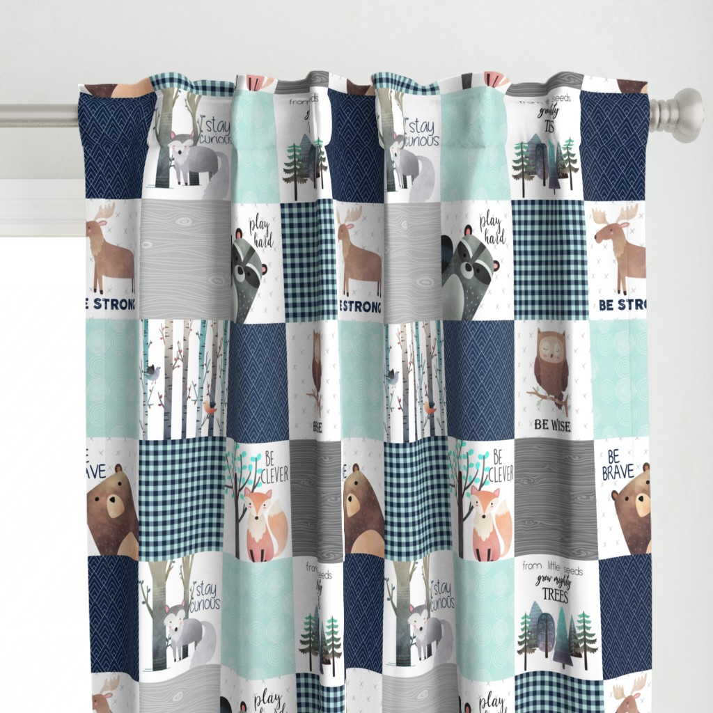 Woodland Critters Patchwork Quilt - Bear Moose Fox Raccoon Wolf, Navy & Crystal Blue Design GingerLous