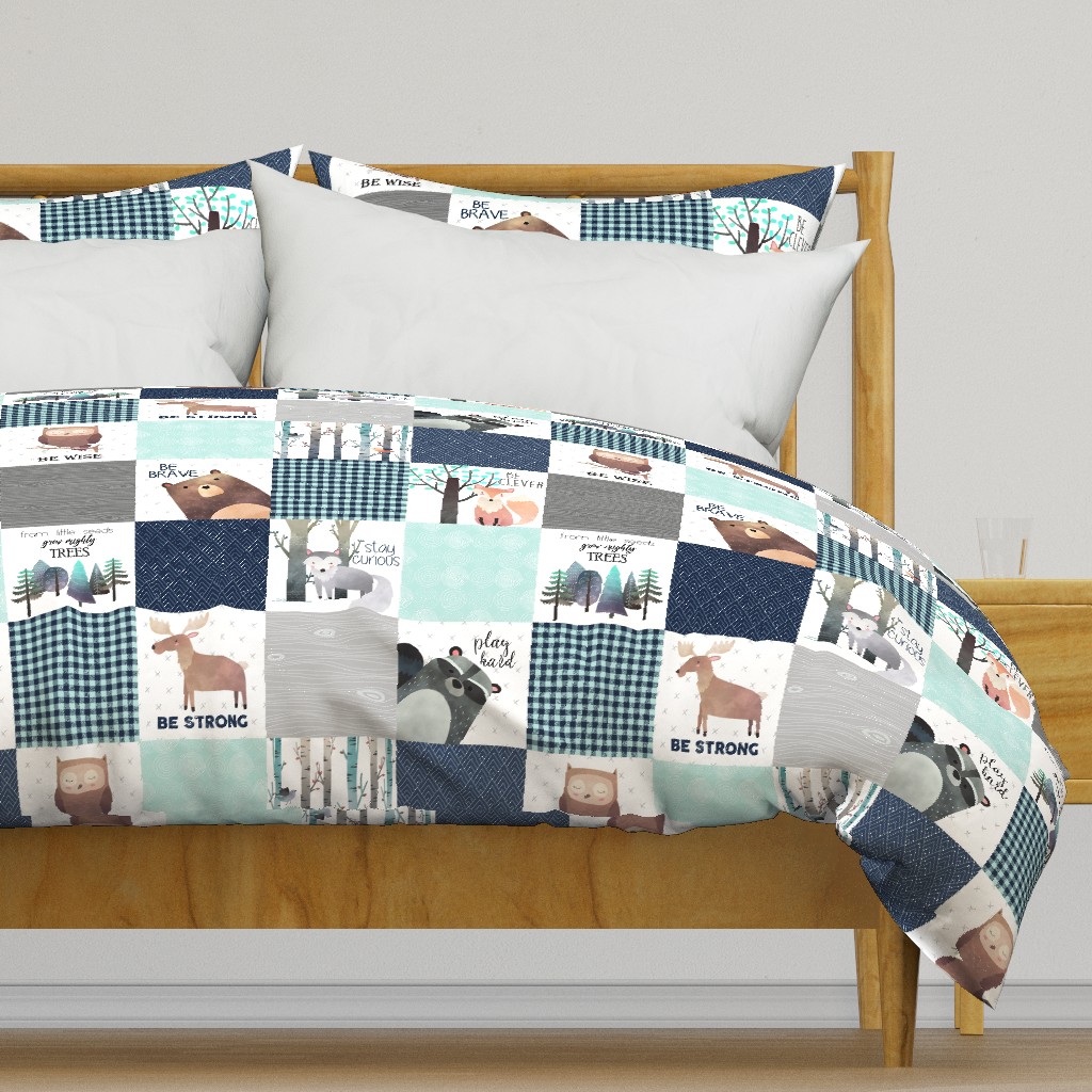 Woodland Critters Patchwork Quilt - Bear Moose Fox Raccoon Wolf, Navy & Crystal Blue Design GingerLous