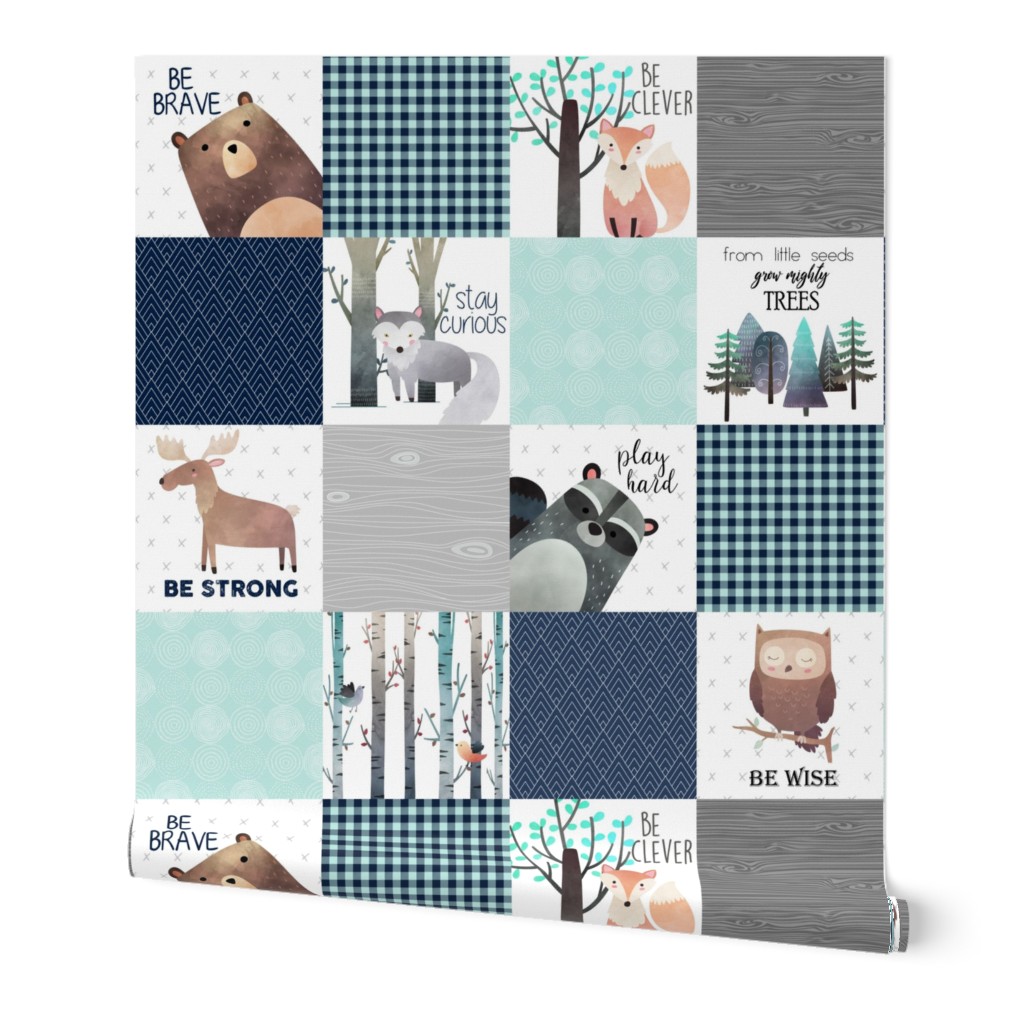 Woodland Critters Patchwork Quilt - Bear Moose Fox Raccoon Wolf, Navy & Crystal Blue Design GingerLous