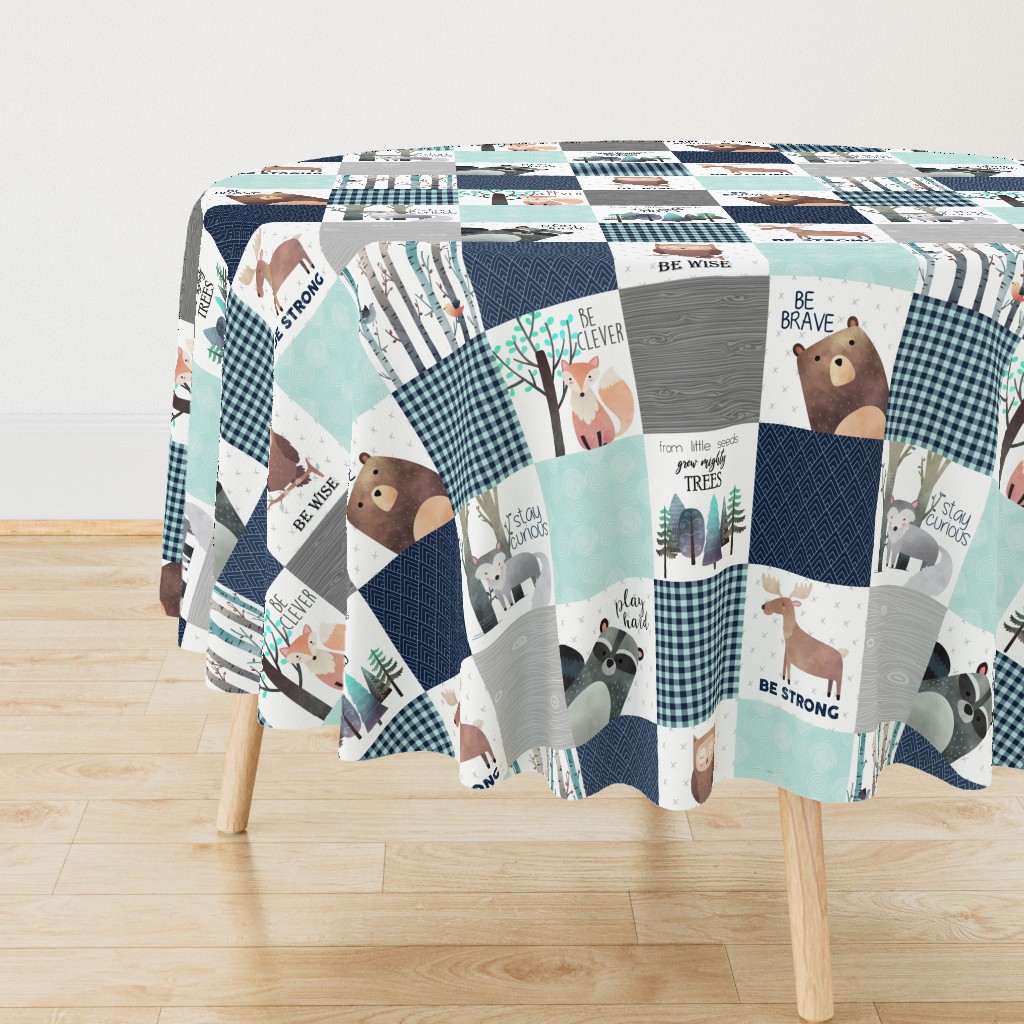 Woodland Critters Patchwork Quilt - Bear Moose Fox Raccoon Wolf, Navy & Crystal Blue Design GingerLous