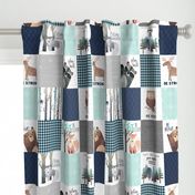 Woodland Critters Patchwork Quilt - Bear Moose Fox Raccoon Wolf, Navy & Crystal Blue Design GingerLous