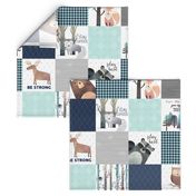 Woodland Critters Patchwork Quilt - Bear Moose Fox Raccoon Wolf, Navy & Crystal Blue Design GingerLous