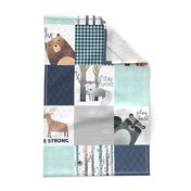 Woodland Critters Patchwork Quilt - Bear Moose Fox Raccoon Wolf, Navy & Crystal Blue Design GingerLous