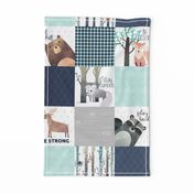 Woodland Critters Patchwork Quilt - Bear Moose Fox Raccoon Wolf, Navy & Crystal Blue Design GingerLous